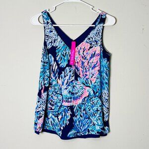Lilly Pulitzer Sleeveless Top Women XXS Blue V-Neck Coral Reef Print Casual‎